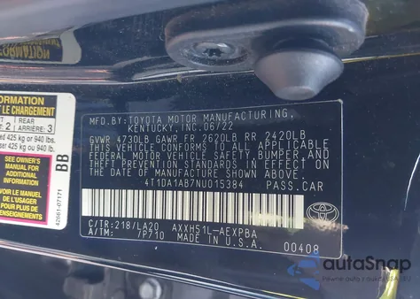 2022 Toyota Avalon Limited Hybrid from USA, damaged, VIN 4T1DA1AB7NU015384